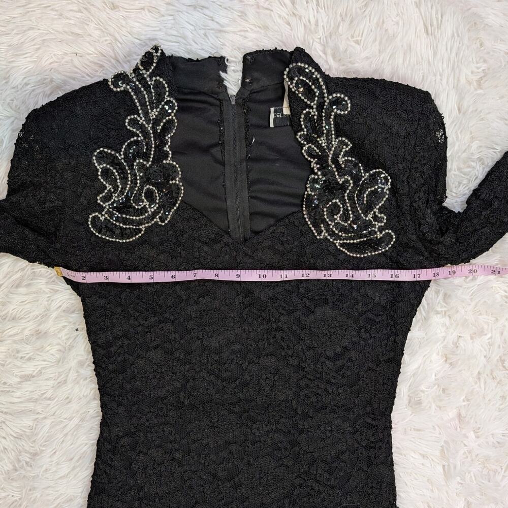 Vintage 80s Betsy & Adam Black Lace Beaded Cocktail Party Dress USA - Picture 6 of 16